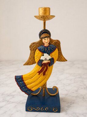 Midwest of Cannon Falls Winter Winds Angel Folk Art Candle Holder 10.25"